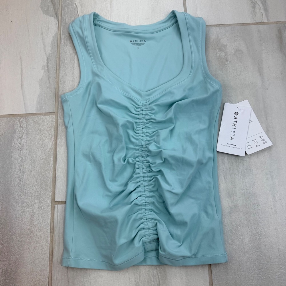 Athleta Cinch Tank Small Aqua Blue Ruched V-Neck Athletic Yoga Top 882317 NEW